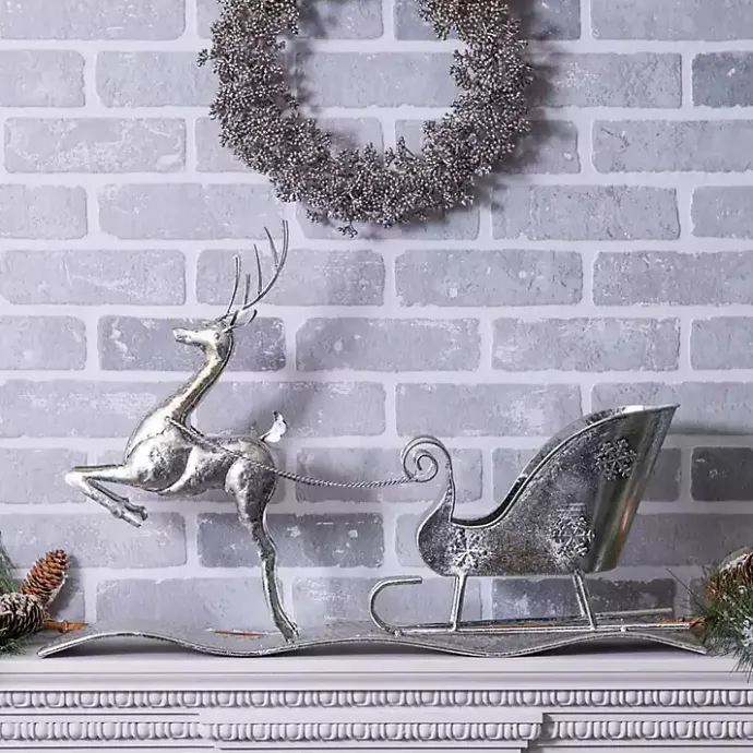 New Kirklands Home Hammered Metal Reindeer with Sleigh Decoration Silver