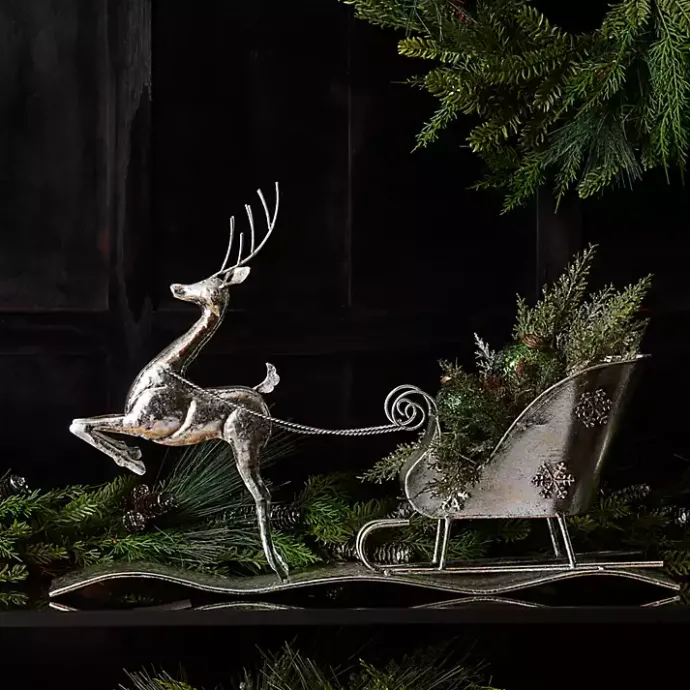 New Kirklands Home Hammered Metal Reindeer with Sleigh Decoration Silver