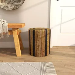 Sale Kirklands Home Handmade Round Banana Leaf Striped Accent Table Brown