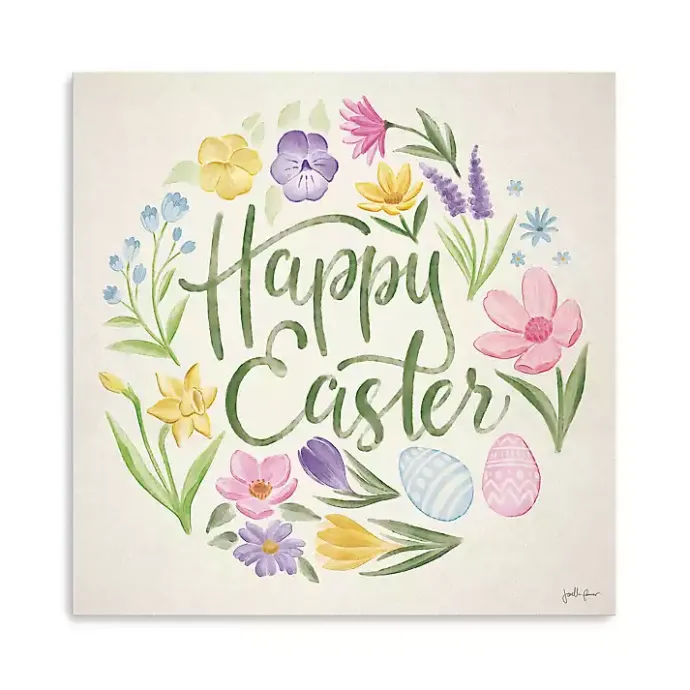 Kirklands Home Happy Easter Floral Egg Wreath Canvas Art Print