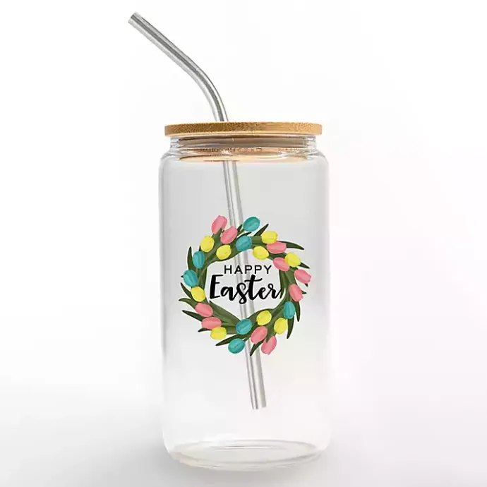 New Kirklands Home Happy Easter Wreath Glass Tumbler Clear