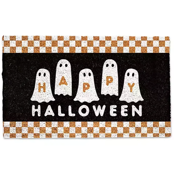 Sale Kirklands Home Happy Halloween Ghosts Checkered Halloween Doormat Black