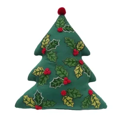 Kirklands Home Holly Christmas Tree Shaped Pillow Green