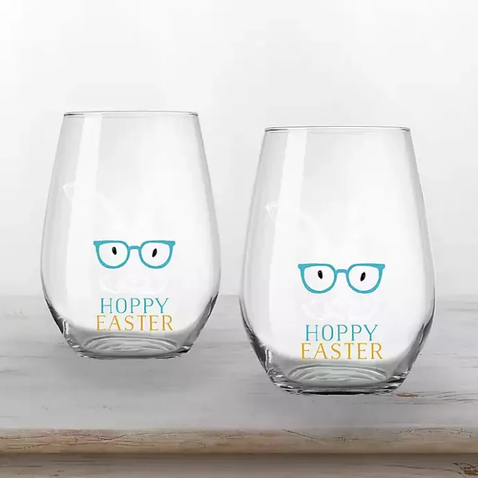 Kirklands Home Hoppy Easter Stemless Wine Glasses, Set of 2 Clear