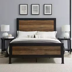 Outlet Kirklands Home Industrial Rustic Oak Queen Bed with Metal Frame Brown