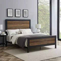 Outlet Kirklands Home Industrial Rustic Oak Queen Bed with Metal Frame Brown