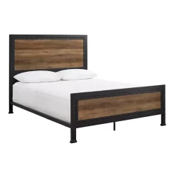 Outlet Kirklands Home Industrial Rustic Oak Queen Bed with Metal Frame Brown