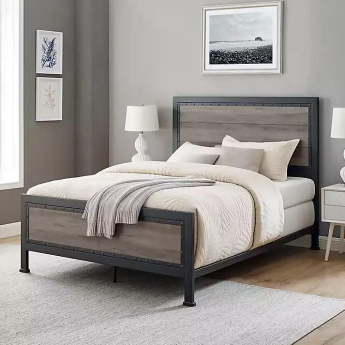 Best Kirklands Home Industrial Wood Queen Bed with Metal Frame Brown