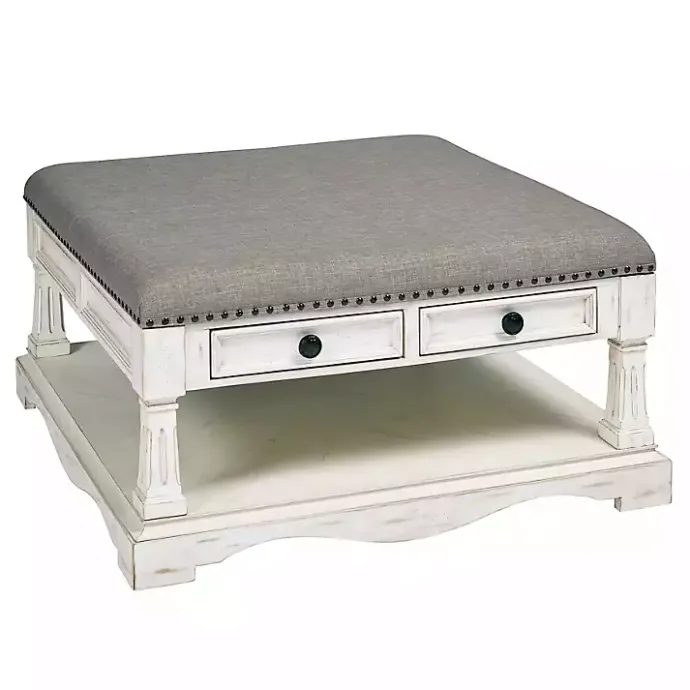 New Kirklands Home Ivory and Gray Upholstered Square Coffee Table