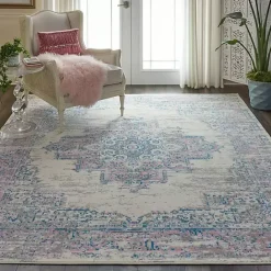 Kirklands Home Ivory and Pink Central Medallion Area Rug, 7x9