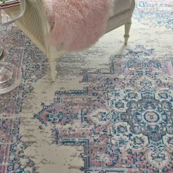 Kirklands Home Ivory and Pink Central Medallion Area Rug, 7x9