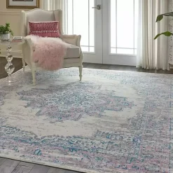 Kirklands Home Ivory and Pink Central Medallion Area Rug, 7x9