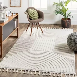 Best Kirklands Home Geometric Lines Tassel Area Rug, 5x7 Ivory