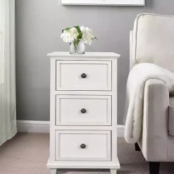 New Kirklands Home Slim Wooden 3-Drawer Side Table Ivory