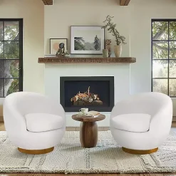 Clearance Kirklands Home Jessel Cream Sherpa Swivel Chair with Wood Base White