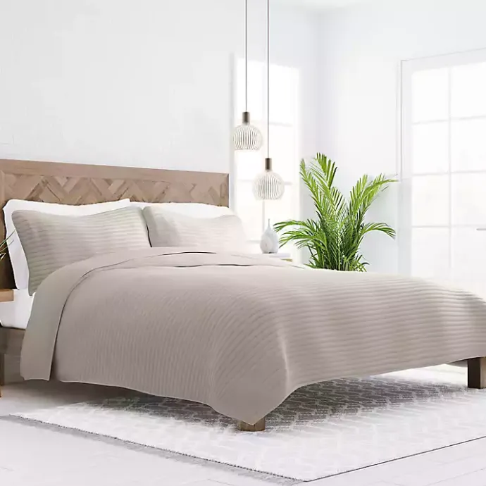 New Kirklands Home Latte Stitched Stripes 3-pc. Queen Quilt Set Tan