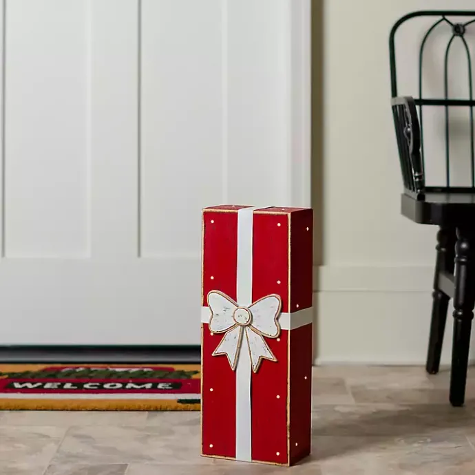 Clearance Kirklands Home LED Red Christmas Present Wooden Statue, 18 in.