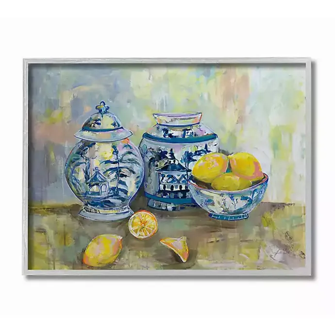 Sale Kirklands Home Lemons in Blue Pottery Wooden Art Yellow
