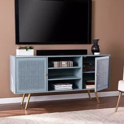 Outlet Kirklands Home Light Wood and Cane Media Cabinet Blue