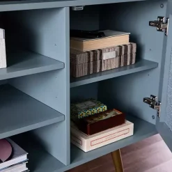 Outlet Kirklands Home Light Wood and Cane Media Cabinet Blue