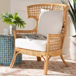 Kirklands Home Light Honey Rattan Curved Accent Chair Ivory