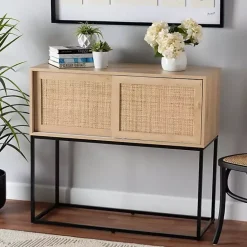 Clearance Kirklands Home Light Wood and Rat Sliding Door Cabinet Tan