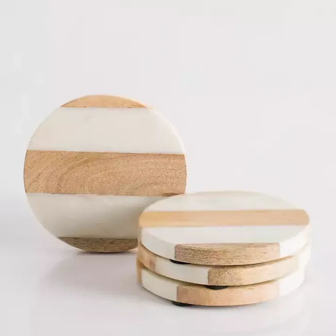 New Kirklands Home Marble and Wood Striped Coasters, Set of 4