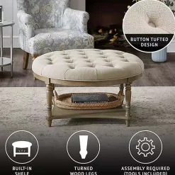 Online Kirklands Home Martha Stewart Round Cream Ottoman with Shelf Ivory