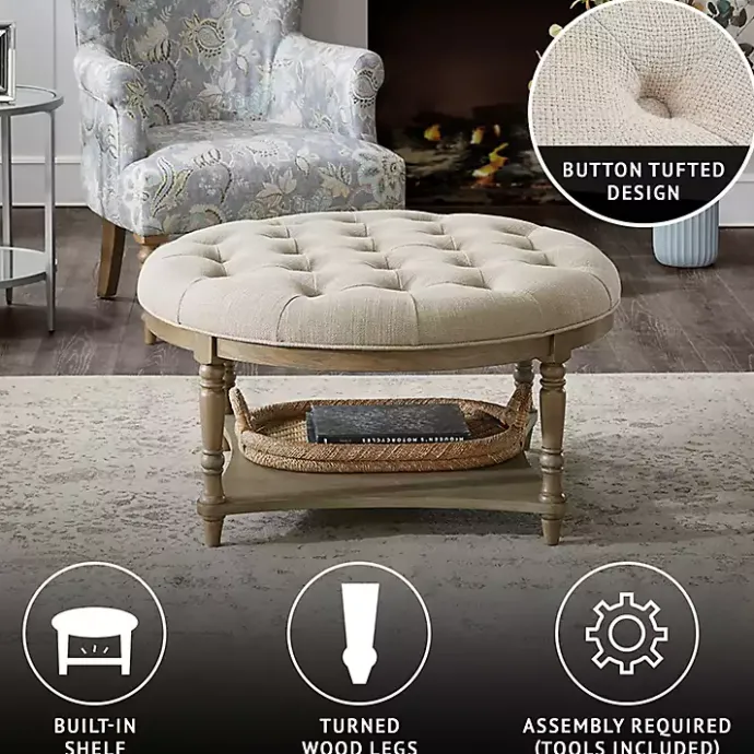 Online Kirklands Home Martha Stewart Round Cream Ottoman with Shelf Ivory