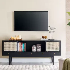 Hot Kirklands Home Matilda Midcentury Woven Cane Media Cabinet Black