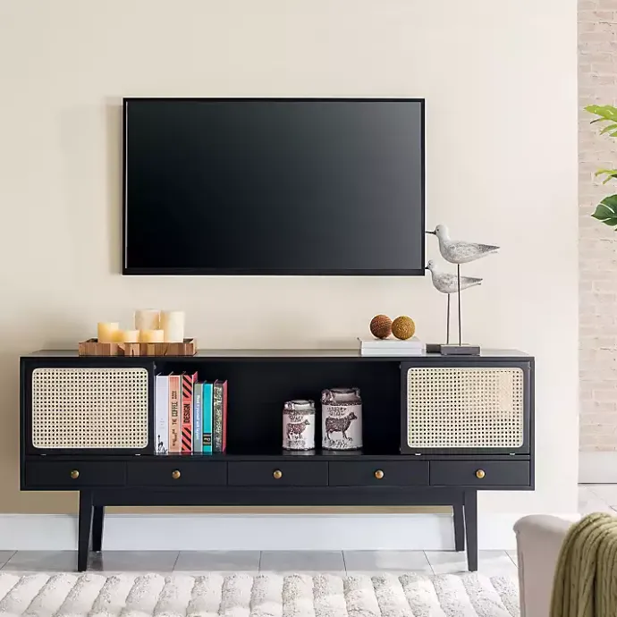 Hot Kirklands Home Matilda Midcentury Woven Cane Media Cabinet Black