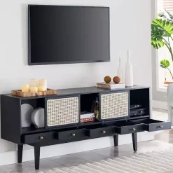 Hot Kirklands Home Matilda Midcentury Woven Cane Media Cabinet Black