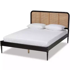 New Kirklands Home Mid-Century Black Wood Rattan Queen Platform Bed