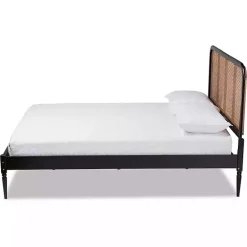 New Kirklands Home Mid-Century Black Wood Rattan Queen Platform Bed