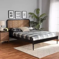 New Kirklands Home Mid-Century Black Wood Rattan Queen Platform Bed