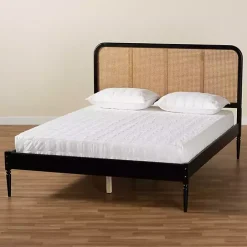 New Kirklands Home Mid-Century Black Wood Rattan Queen Platform Bed