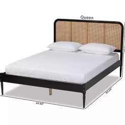 New Kirklands Home Mid-Century Black Wood Rattan Queen Platform Bed