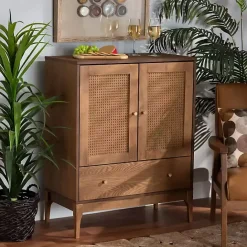 Online Kirklands Home Mid-Century Modern Rattan Walnut Cabinet Brown