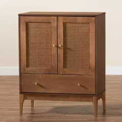 Online Kirklands Home Mid-Century Modern Rattan Walnut Cabinet Brown