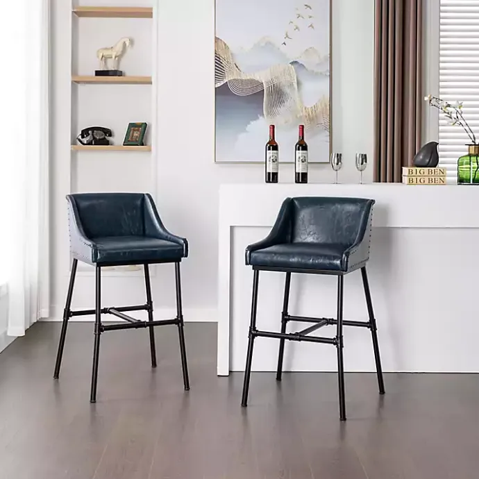New Kirklands Home Midnight Faux Leather Parlor Bar Stool Blue