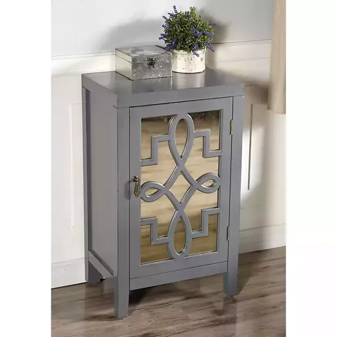 New Kirklands Home Mirrored 1-Door Cabinet with Overlay Pattern Gray