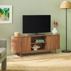 Kirklands Home Mocha Wood Reeded Oval TV Stand Brown