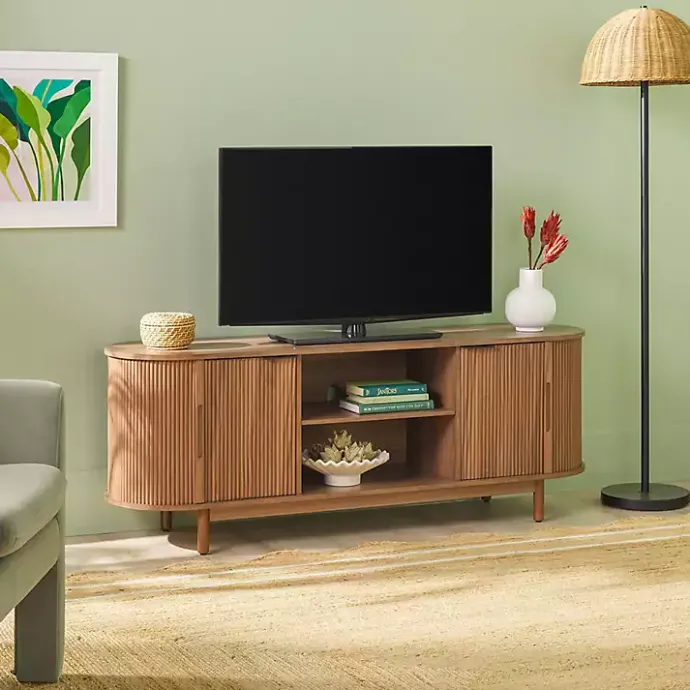 Kirklands Home Mocha Wood Reeded Oval TV Stand Brown