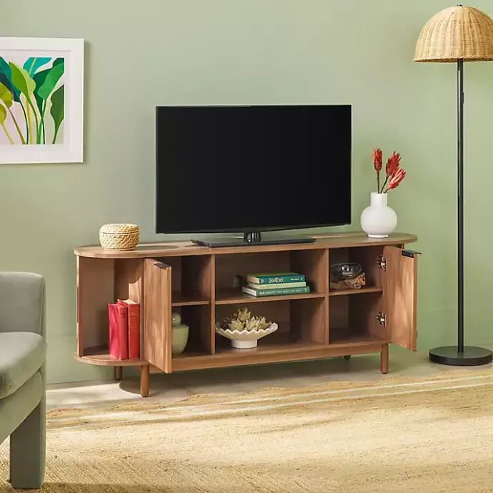 Kirklands Home Mocha Wood Reeded Oval TV Stand Brown