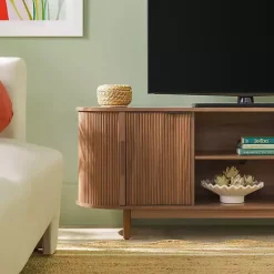 Kirklands Home Mocha Wood Reeded Oval TV Stand Brown