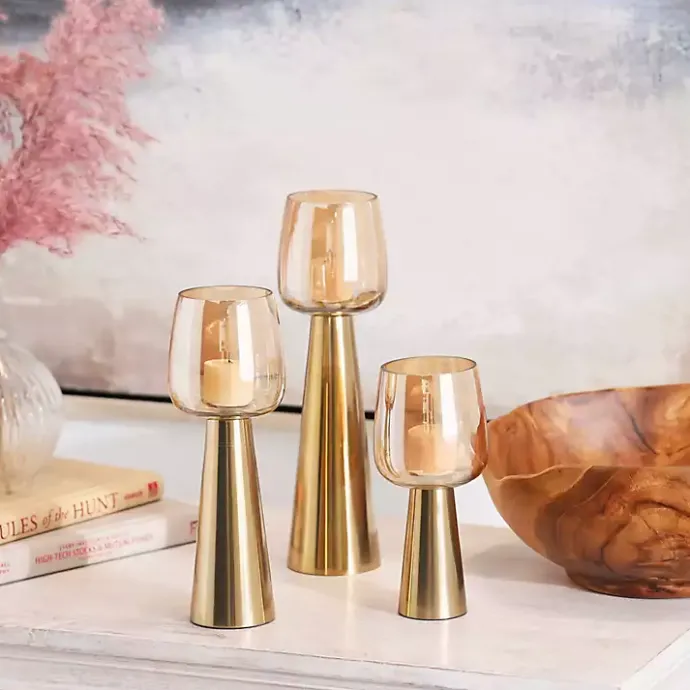 Best Kirklands Home Modern Base Glass 3-pc. Candle Holder Set Gold