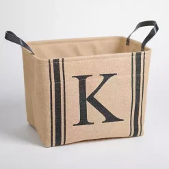 Discount Kirklands Home Monogram K Striped Jute Storage Bin Tan