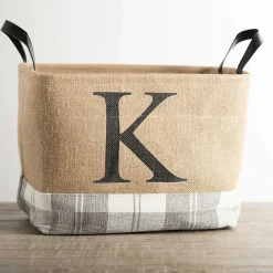 Discount Kirklands Home Monogrammed K Gray Plaid Leather Handle Jute Bin Tan