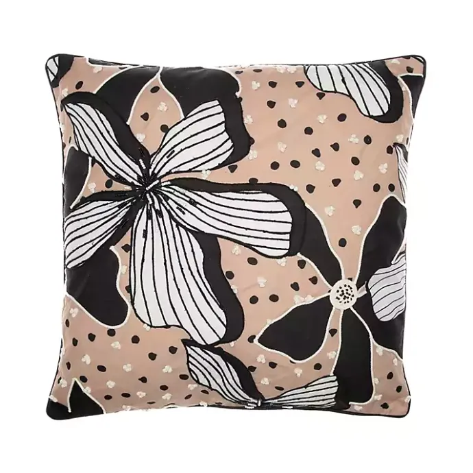 Discount Kirklands Home Natural & Black Embroidered Floral Throw Pillow