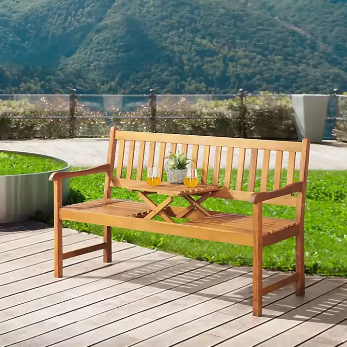 Online Kirklands Home Natural Acacia Wood Bench with Pop-Up Table Tan
